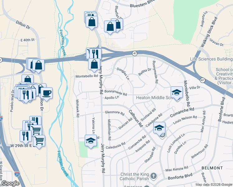 map of restaurants, bars, coffee shops, grocery stores, and more near Bonnymede Road in Pueblo