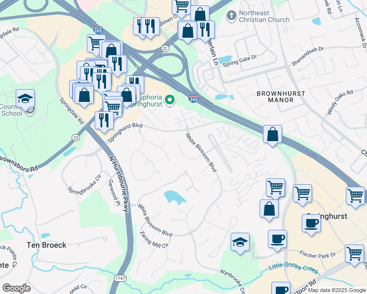 map of restaurants, bars, coffee shops, grocery stores, and more near 4315 Tulip Grove Court in Louisville