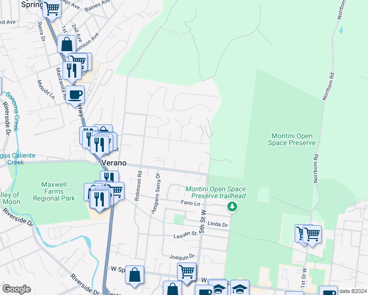 map of restaurants, bars, coffee shops, grocery stores, and more near 765 Donald Street in Sonoma