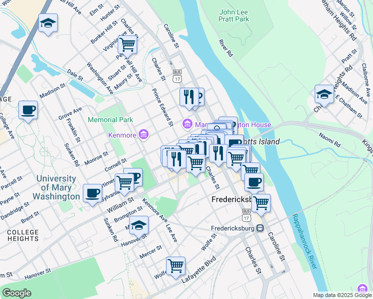 map of restaurants, bars, coffee shops, grocery stores, and more near 1101 Prince Edward Street in Fredericksburg