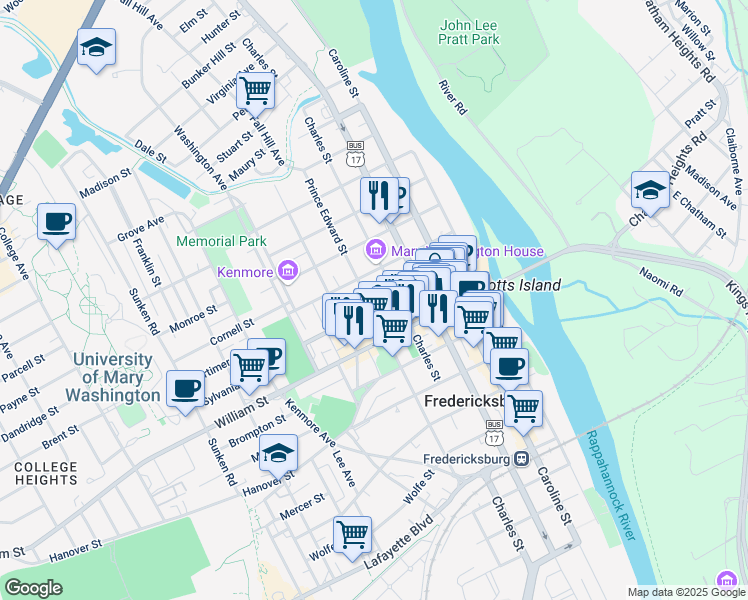 map of restaurants, bars, coffee shops, grocery stores, and more near 1101 Prince Edward Street in Fredericksburg
