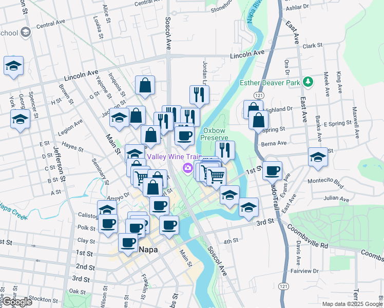 map of restaurants, bars, coffee shops, grocery stores, and more near 1314 McKinstry Street in Napa