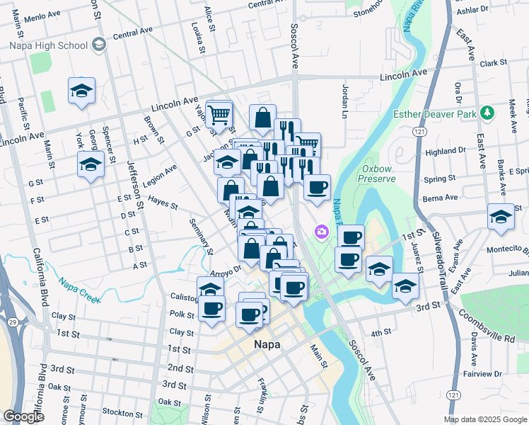map of restaurants, bars, coffee shops, grocery stores, and more near 911 Vallejo Street in Napa