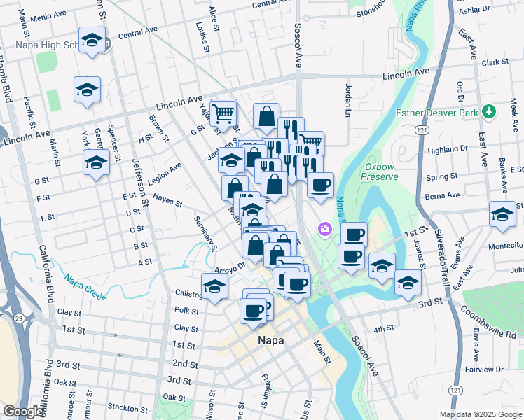 map of restaurants, bars, coffee shops, grocery stores, and more near 911 Vallejo Street in Napa