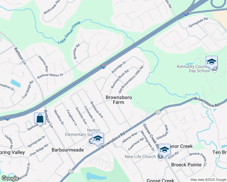 map of restaurants, bars, coffee shops, grocery stores, and more near 3810 Burning Bush Road in Louisville