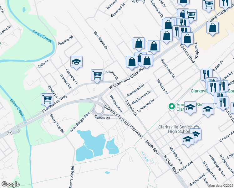map of restaurants, bars, coffee shops, grocery stores, and more near 18 Lakeview Drive in Clarksville