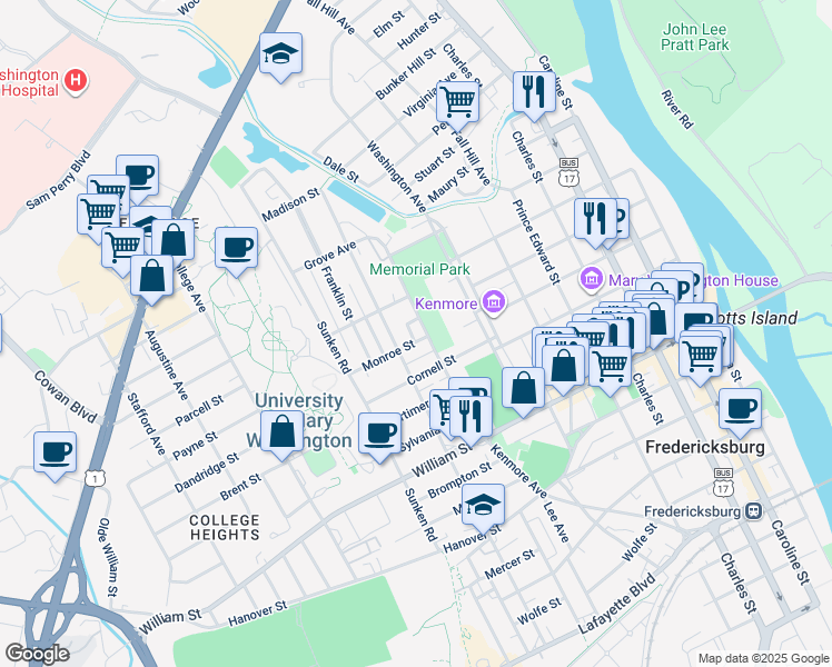 map of restaurants, bars, coffee shops, grocery stores, and more near 1304 Kenmore Avenue in Fredericksburg