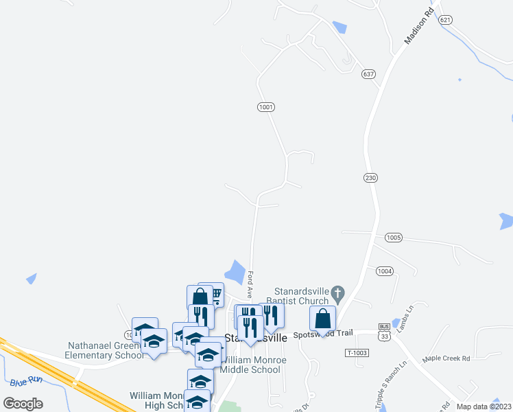 map of restaurants, bars, coffee shops, grocery stores, and more near Krystal Court in Stanardsville