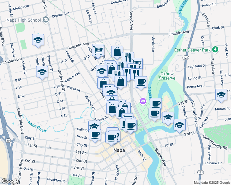 map of restaurants, bars, coffee shops, grocery stores, and more near 911 Vallejo Street in Napa