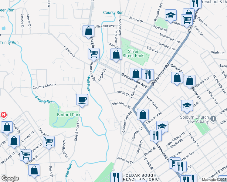 map of restaurants, bars, coffee shops, grocery stores, and more near 1448 South Street in New Albany