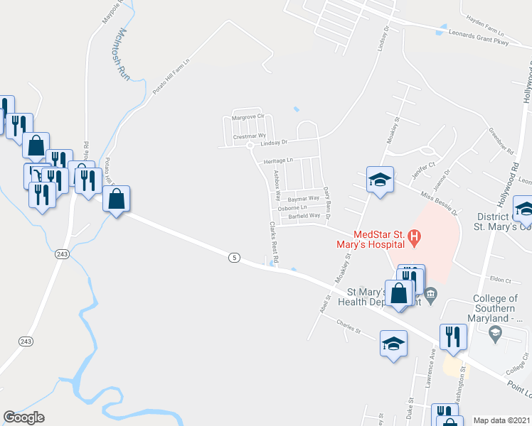 map of restaurants, bars, coffee shops, grocery stores, and more near 23213 Clarks Rest Road in Leonardtown