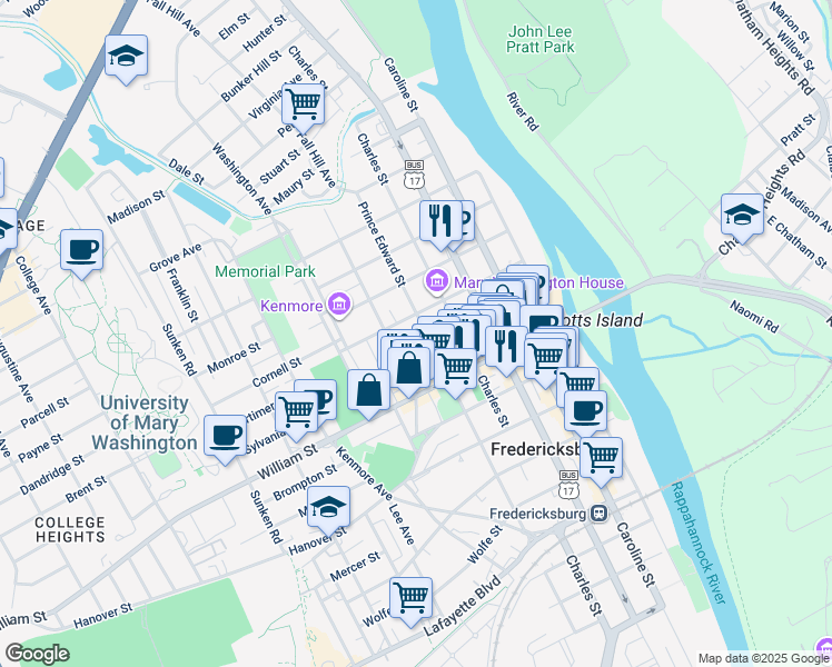 map of restaurants, bars, coffee shops, grocery stores, and more near 1110 Prince Edward Street in Fredericksburg
