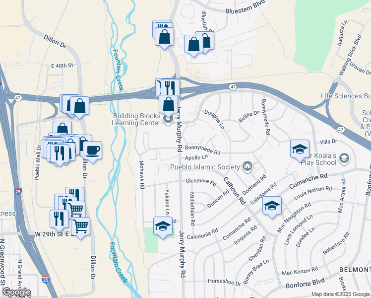 map of restaurants, bars, coffee shops, grocery stores, and more near 28 Bonnymede Road in Pueblo