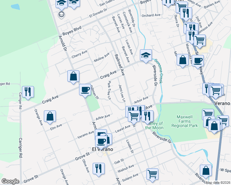map of restaurants, bars, coffee shops, grocery stores, and more near 18761 Wagele Drive in Sonoma