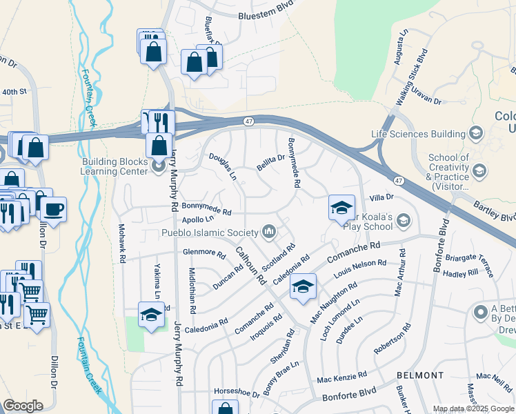 map of restaurants, bars, coffee shops, grocery stores, and more near 55 Douglas Lane in Pueblo