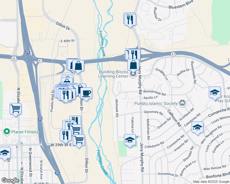 map of restaurants, bars, coffee shops, grocery stores, and more near 2110 Mohawk Road in Pueblo