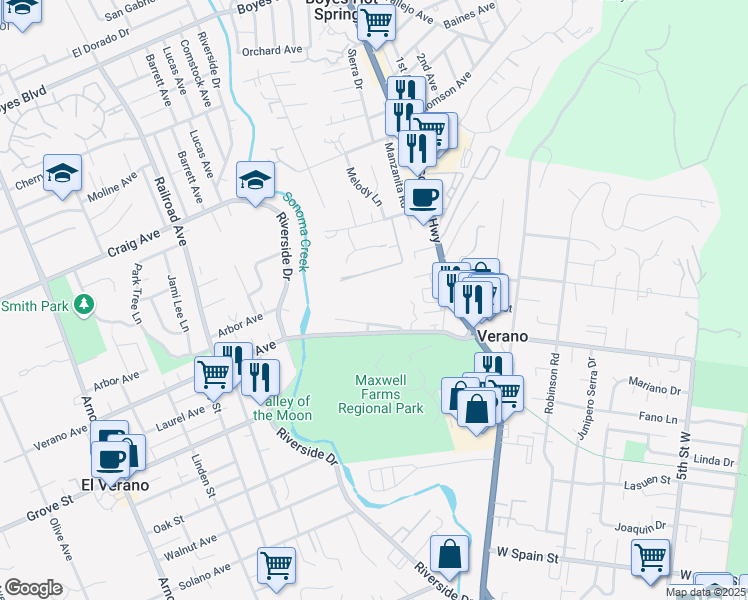 map of restaurants, bars, coffee shops, grocery stores, and more near 191 West Verano Avenue in Sonoma