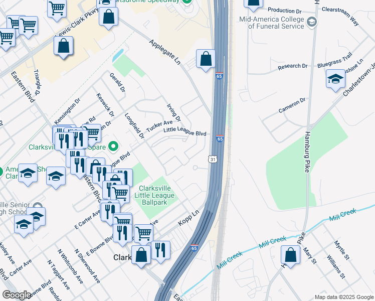 map of restaurants, bars, coffee shops, grocery stores, and more near 707 Yale Drive in Clarksville