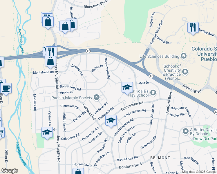 map of restaurants, bars, coffee shops, grocery stores, and more near 180 Bonnymede Road in Pueblo