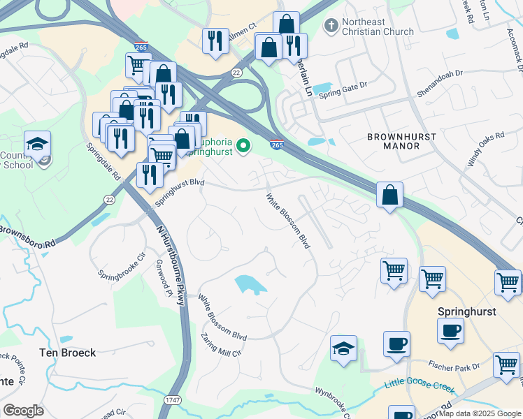 map of restaurants, bars, coffee shops, grocery stores, and more near 4315 Tulip Grove Court in Louisville