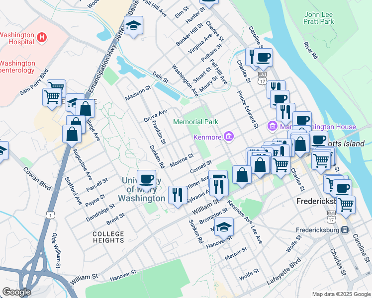 map of restaurants, bars, coffee shops, grocery stores, and more near 1307 Littlepage Street in Fredericksburg