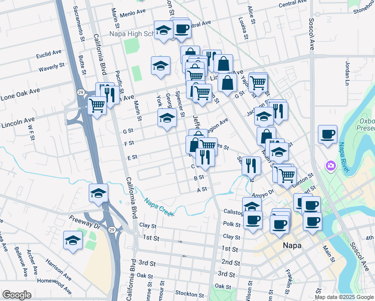 map of restaurants, bars, coffee shops, grocery stores, and more near 1819 Spencer Street in Napa