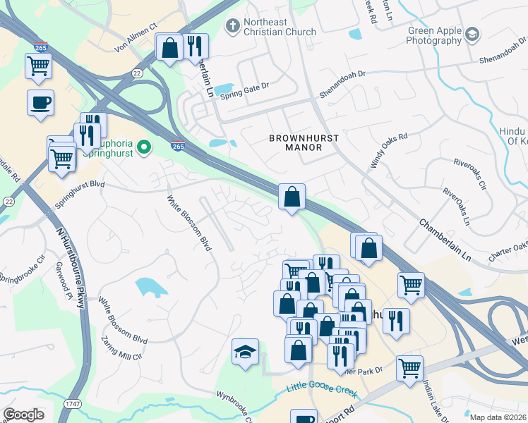 map of restaurants, bars, coffee shops, grocery stores, and more near 4453 Button Bush Glen Drive in Louisville