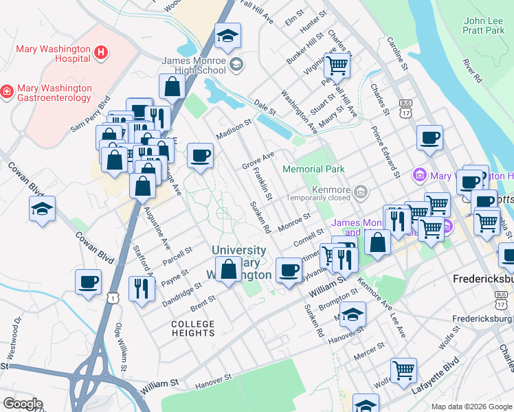 map of restaurants, bars, coffee shops, grocery stores, and more near 923 Monument Avenue in Fredericksburg
