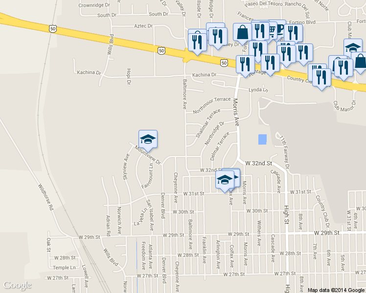 map of restaurants, bars, coffee shops, grocery stores, and more near 3219 Baltimore Ave in Pueblo