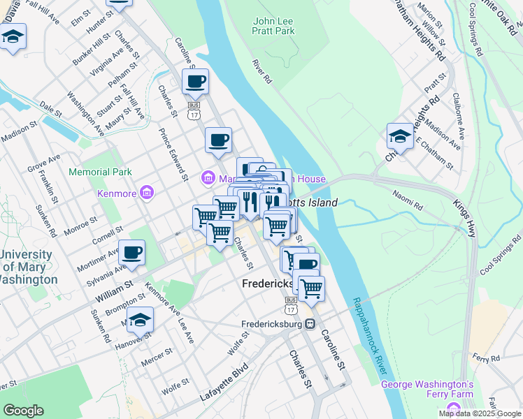map of restaurants, bars, coffee shops, grocery stores, and more near 1006B Caroline Street in Fredericksburg
