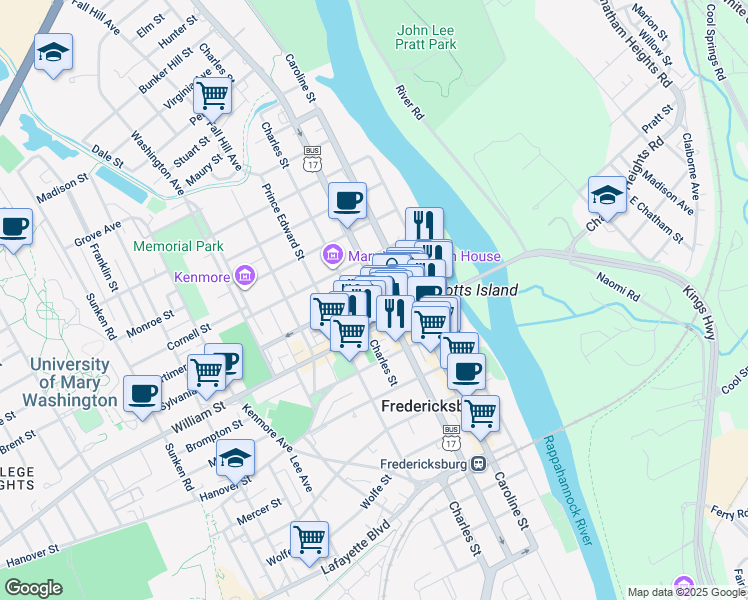 map of restaurants, bars, coffee shops, grocery stores, and more near 1018 Princess Anne Street in Fredericksburg