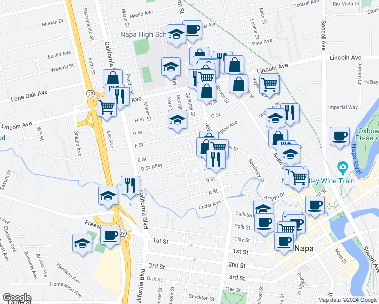 map of restaurants, bars, coffee shops, grocery stores, and more near 1831 Georgia Street in Napa