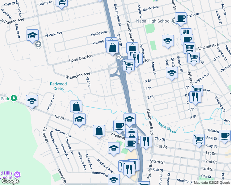 map of restaurants, bars, coffee shops, grocery stores, and more near 2014 West F Street in Napa