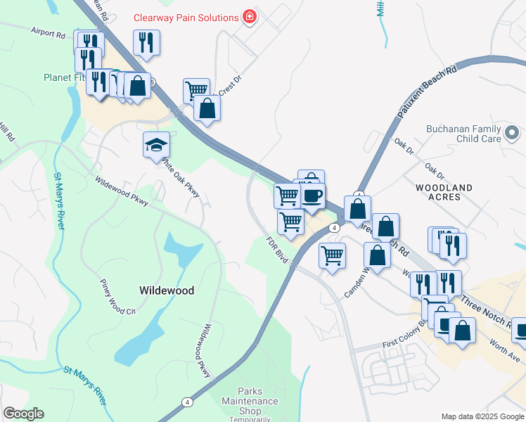 map of restaurants, bars, coffee shops, grocery stores, and more near 23540 FDR Boulevard in California