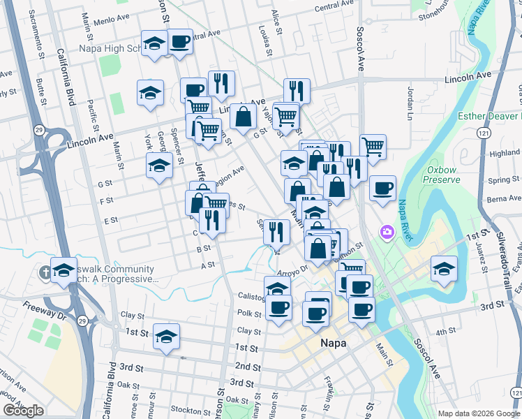 map of restaurants, bars, coffee shops, grocery stores, and more near 1166 Hayes Street in Napa