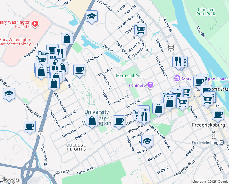 map of restaurants, bars, coffee shops, grocery stores, and more near 1315 Franklin Street in Fredericksburg