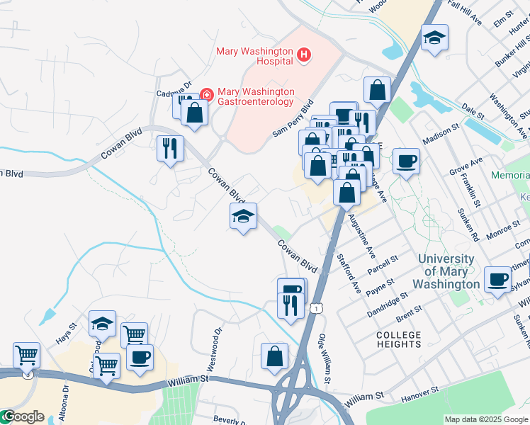 map of restaurants, bars, coffee shops, grocery stores, and more near 2103 Cowan Boulevard in Fredericksburg