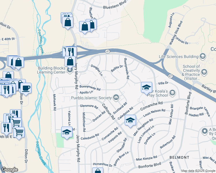 map of restaurants, bars, coffee shops, grocery stores, and more near 55 Douglas Lane in Pueblo