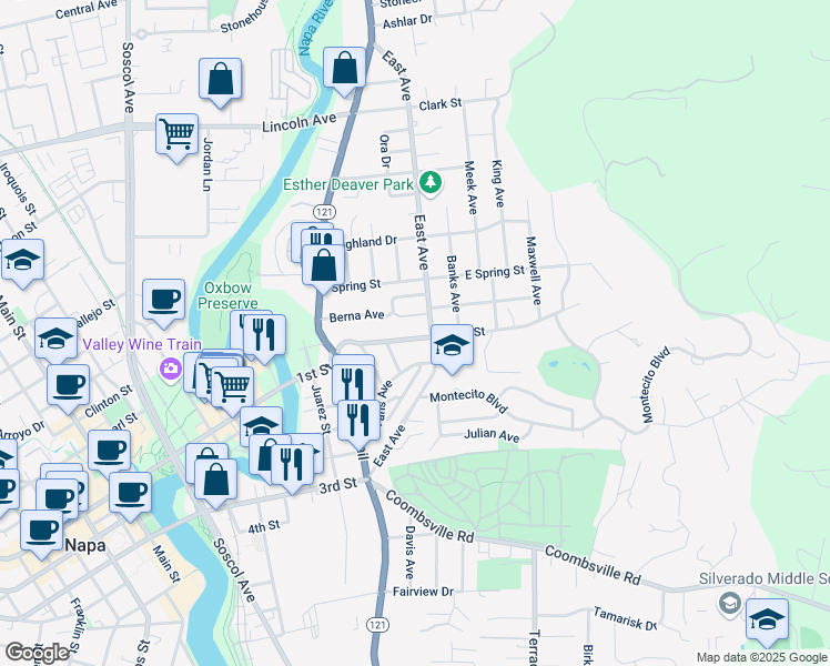 map of restaurants, bars, coffee shops, grocery stores, and more near 26 1st Street in Napa