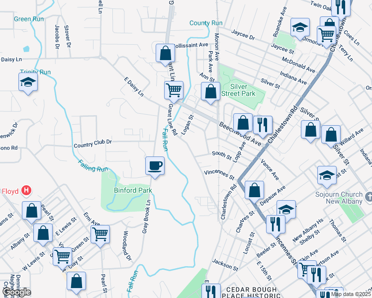 map of restaurants, bars, coffee shops, grocery stores, and more near 1817 Grant Line Road in New Albany