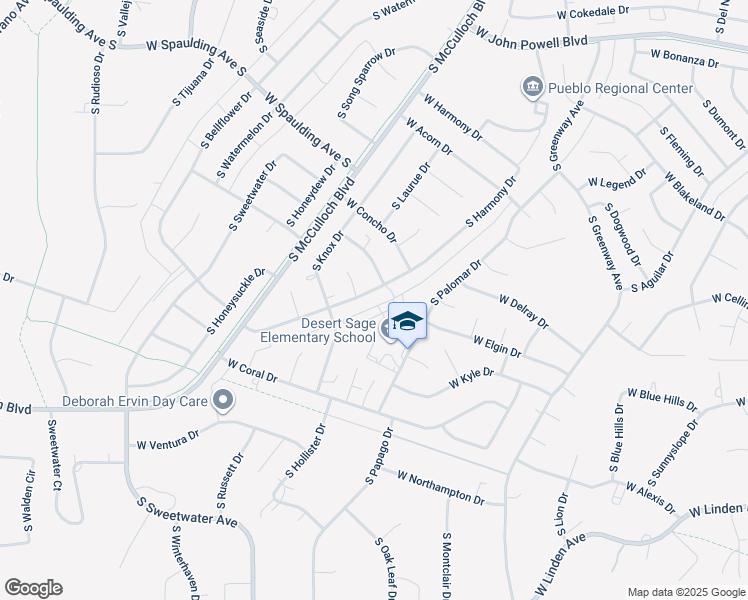 map of restaurants, bars, coffee shops, grocery stores, and more near 928 South Harmony Drive in Pueblo West