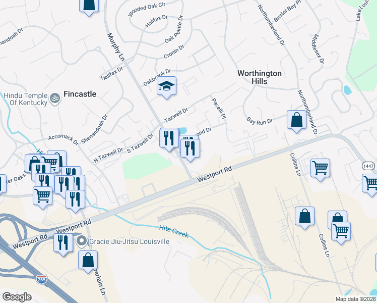map of restaurants, bars, coffee shops, grocery stores, and more near 4502 Westport Woods Lane in Louisville