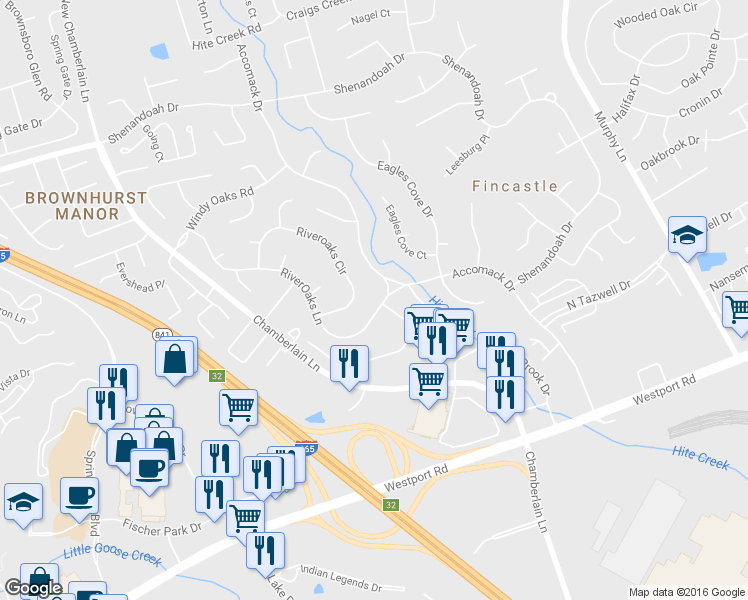map of restaurants, bars, coffee shops, grocery stores, and more near 3801 River Oaks Ln in Louisville