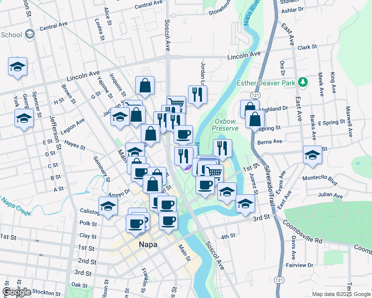 map of restaurants, bars, coffee shops, grocery stores, and more near 1314 McKinstry Street in Napa