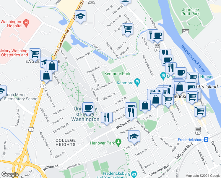 map of restaurants, bars, coffee shops, grocery stores, and more near 1309 Littlepage Street in Fredericksburg