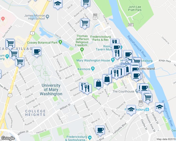 map of restaurants, bars, coffee shops, grocery stores, and more near 1208 Washington Avenue in Fredericksburg