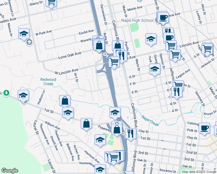 map of restaurants, bars, coffee shops, grocery stores, and more near 2010 West F Street in Napa