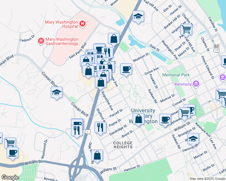 map of restaurants, bars, coffee shops, grocery stores, and more near 1212 Thornton Street in Fredericksburg
