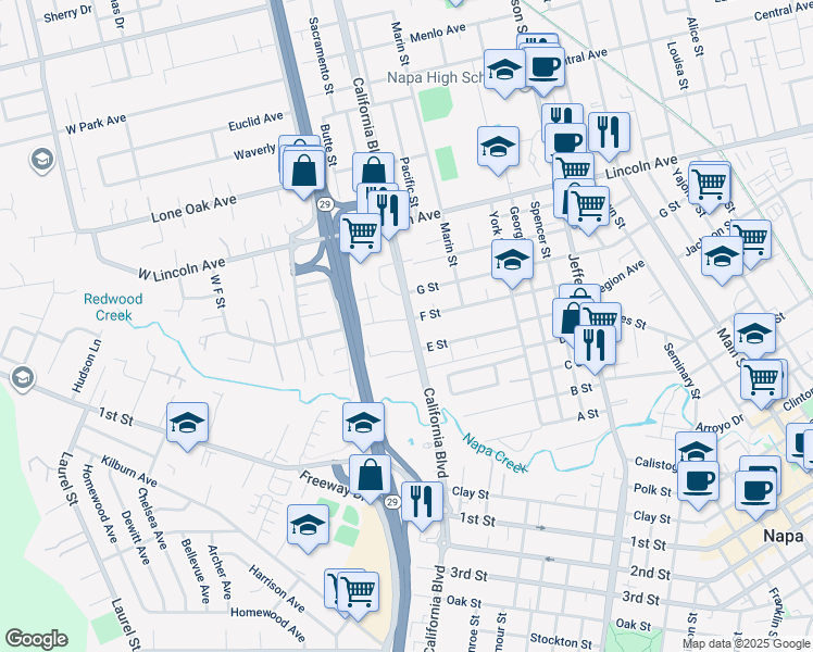 map of restaurants, bars, coffee shops, grocery stores, and more near 1801 F Street in Napa