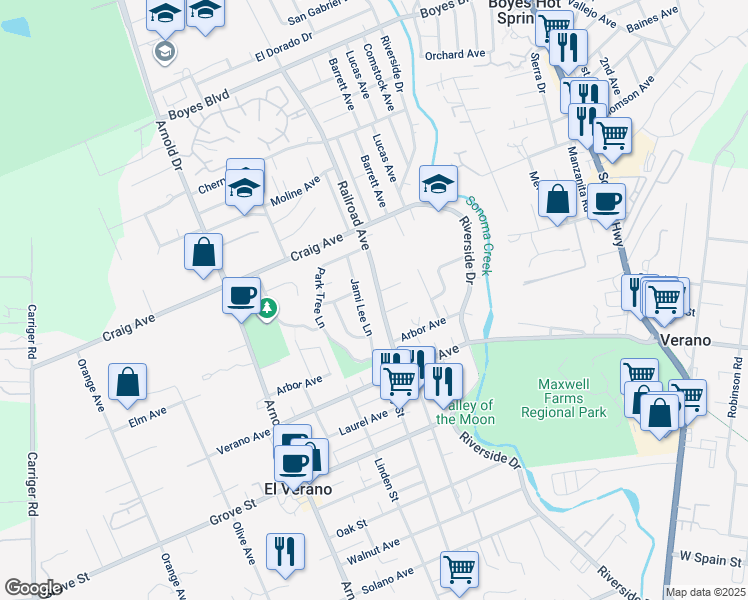map of restaurants, bars, coffee shops, grocery stores, and more near 18788 Railroad Avenue in Sonoma